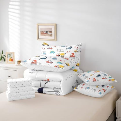 Erosebridal Construction Vehicles Queen Comforter Set 7 Piece for Kids Boys Girls Dinosaur Tractor Bed in A Bag with Sheets Equipment Trucks Bedding Set Excavator Bed Set Colorful Room Decor