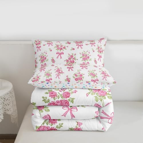 jejeloiu Bowknot Comforter Set King Size Rose Bedding Set for Kids Boys Girls Pink Bow Duvet Quilt Rose Floral Flower Bedroom Decor Microfiber 3 Pcs with 2 Pillow Cases