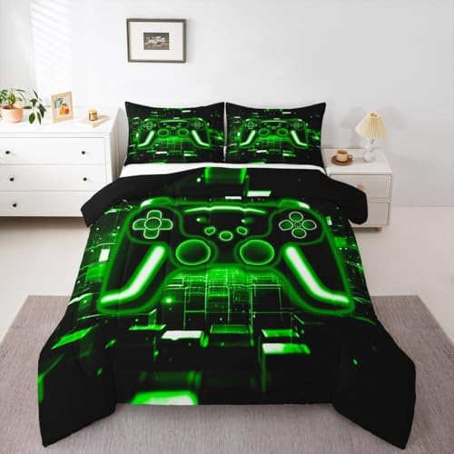 Erosebridal Gaming Comforter Set Gamer King Bedding Set, Neon Lights Retro Game Console Comforter Green Brick Cube Duvet Insert,Game Room Decor