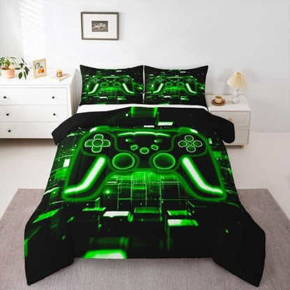 Erosebridal Gaming Comforter Set Gamer King Bedding Set, Neon Lights Retro Game Console Comforter Green Brick Cube Duvet Insert,Game Room Decor