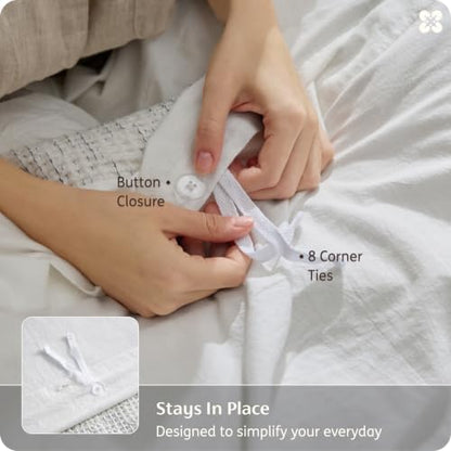 Bedsure PureWoven Space-Dyed Cotton Waffle Duvet Cover Set, King, White