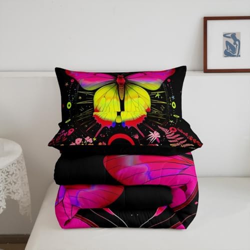 Sun and Moon Comforter Set Twin Rainbow Moth Bedding Sets Hippie Psychedelic Floral Botanical Comforter for Girls Teen Women,Trippy Galaxy Stars Planet Quilt Duvet Colorful 1 Pillow Case