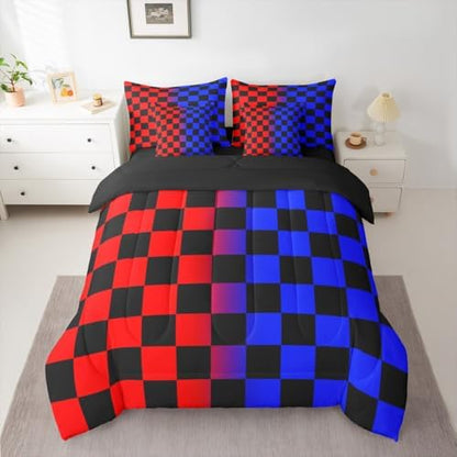 Checkered Comforter Set With Sheets 7 Piece Twin Size Red Blue Plaid Bed in a Bag Kids Boys Girls Cute Retro Neutral Checkerboard Geometric Bedding Set Vintage Aesthetic Bedroom Decor Breathable Soft