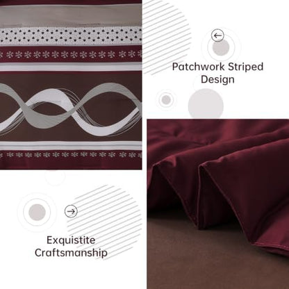 Red Brown Comforter Set Queen Size,8 Pieces Patchwork Striped Bed in a Bag