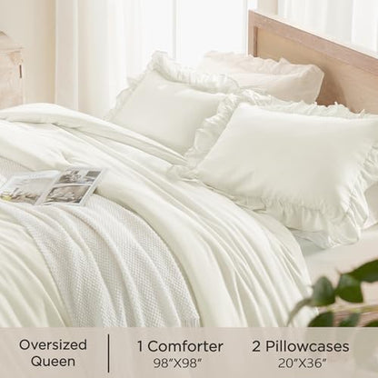 Andency Ivory Ruffle Comforter Oversized Queen, 3 Pcs Solid Farmhouse Bed