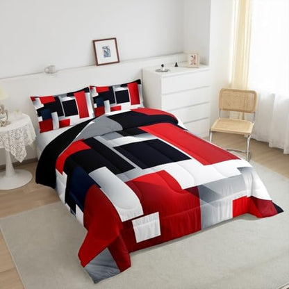 Castle Fairy 3D Geometric Comforter Set Full Size,Red Black Grey Abstract Square Bedding Set for Girls Teens Bedroom Present,Colorful Plaid Print Soft Chic Microfiber Quilted Duvet with 2 Pillowcases