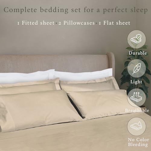 Threadmill 5-Star Hotel 500 Thread Count Best Bed Sheets, 100% Cotton Sheets Set for Queen Size Bed, Smoother Than Egyptian Cotton Claims, 4 Pc Set with Deep Pockets (Beige)