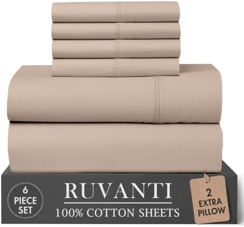 RUVANTI 100% Cotton Queen Sheets, Percale Queen Sheet Set, Sand Stone