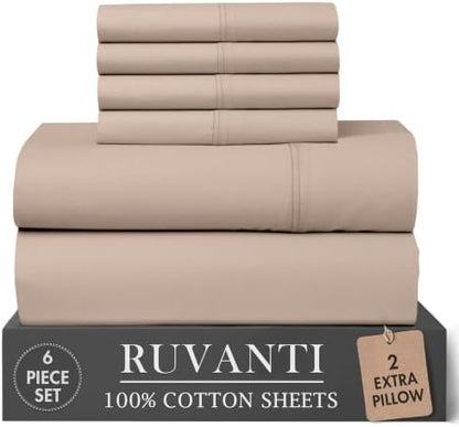 RUVANTI 100% Cotton Queen Sheets, Percale Queen Sheet Set, Sand Stone