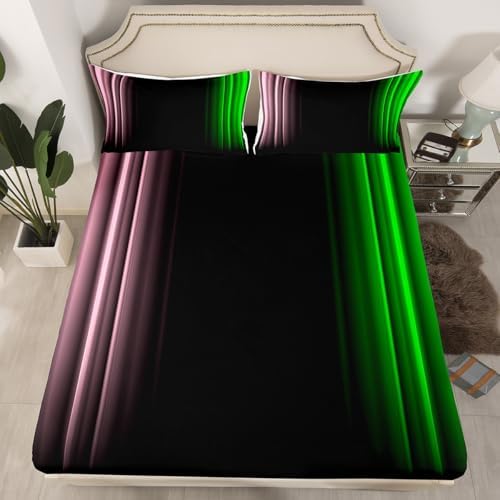 Feelyou Teens Abstract Ombre Decorations Bedding Set for Kids Women Pink Green and Black Bed Sheets Set Geometric Modern Fitted Sheet Sets Room 4Pcs Full Size