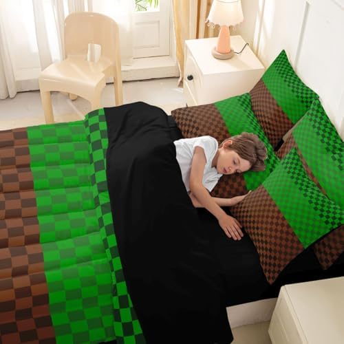 jejeloiu Green Brown Plaid King Comforter Set with Sheets for Kids Boys Girls Checkered Classic 7 Pieces Bedding Set Grid Geometric Bed in a Bag Room Decor Soft Lightweight Microfiber