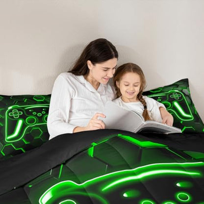 Erosebridal Gamer Comforter Set Neon Honeycomb Gaming King Bedding Set, Game Boy Games Comforter Green Hexagon Lights Duvet Insert,Boys Bedroom Decor