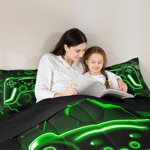 Erosebridal Gamer Comforter Set Neon Honeycomb Gaming Girl Toddler Bedding Set, Game Boy Games Comforter Green Hexagon Lights Quilt,Boys Bedroom Decor
