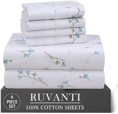 RUVANTI 100% Cotton Full Sheet Set, Percale Full Size Sheets, Burgeon