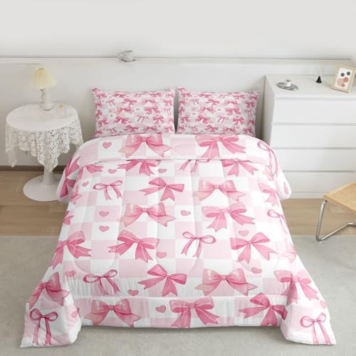 jejeloiu Watercolor Bow Kids Comforter Set Twin Size Pink Bow Bedding Set Dreamy Princess Style Duvet Quilt for Kids Boys Girls Bedroom Decor Microfiber Ultra Soft Breathable