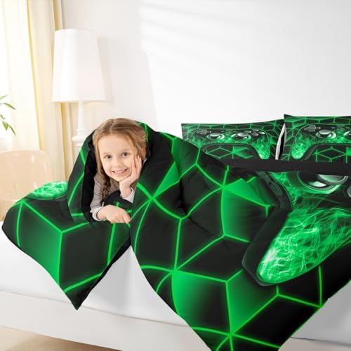 Green Game Console Comforter Set for Boys Gamer Gifts,Neon Geometric Gamer Bedding Set,3D Geometric Boys Comforter Set Flame Gaming Consoles Decor for Bedroom Decor