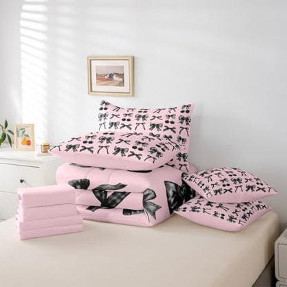Black Cherry Bow 7-Piece Comforter Set Full Bed in a Bag, Cute Silk Ribbon Bowknot Bedding Sets Princess Bow Tie Comforter and Sheet Set, Dreamy Kawaii Room Decor,Girly Light Pink Room Decor Aesthetic