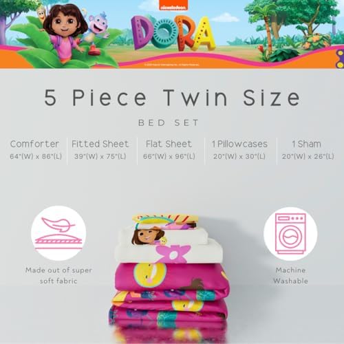 Dora The Explorer Kids Bedding Set Super Soft & Cozy Reversible Microfiber Comforter and Sheet Set with Sham, 5 Piece Twin Size, (Officially Licensed Product) By Franco