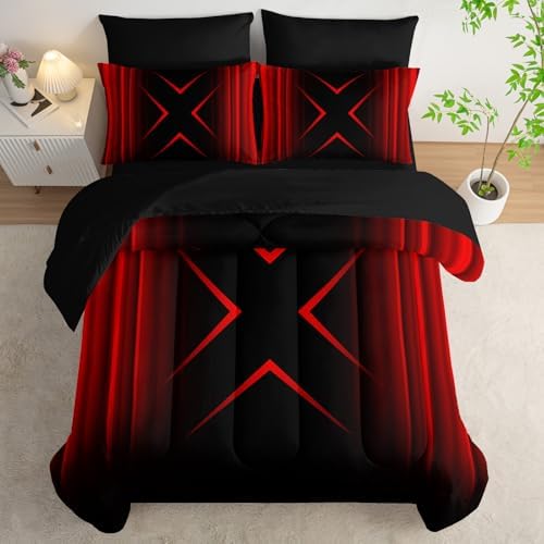 Nttopship Red and Black Geometric Comforter Set Twin Size 7Pieces,3D Abstract Mordern Printed Bedding Set for Adults,Geometric Mordern Decor All Seasons with Pillowcases,Flat, Fitted Sheet