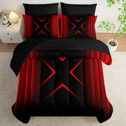 Nttopship Red and Black Geometric Comforter Set Twin Size 7Pieces,3D Abstract Mordern Printed Bedding Set for Adults,Geometric Mordern Decor All Seasons with Pillowcases,Flat, Fitted Sheet