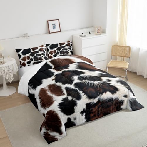 Cow Print Bedding Set for Adult Women Cowboys Black and White Highland Cow Print Comforter Set Africa Wild Animal Funny Bull Cattle Cow Fur Print Down Comforter Western Room Decor, Twin Size