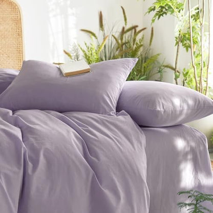 Wake In Cloud - Cotton Duvet Cover Set, 100% Washed Cotton, Linen Like Textured, Breathable Durable Comfy Farmhouse Neutral Bedding Set, 3 Pieces, Light Purple, Full Size