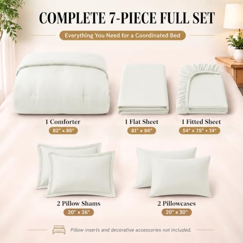 CozyLux Full Size Comforter Set Ivory, 7 Pieces Bed in a Bag