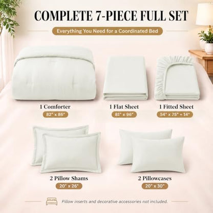 CozyLux Full Size Comforter Set Ivory, 7 Pieces Bed in a Bag