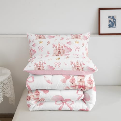 Feelyou Kids Pink Castle Duvet Insert Toddler Size, Cute Bowknot Comforter Set Boys Girls Girls Dreamy House Bedding Set Fairytale Teens Bedroom Decor Bed Set 2Pcs