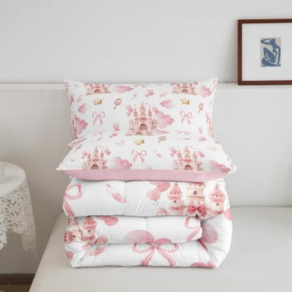 Feelyou Kids Pink Castle Duvet Insert King Size, Cute Bowknot Comforter Set Boys Girls Girls Dreamy House Bedding Set Fairytale Teens Bedroom Decor Bed Set 3Pcs