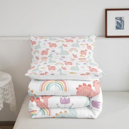Feelyou Cartoon Dino Comforter Set Queen, Pink Green Dinosaur Comforter Cute Jungle Dino Comforter Set for Kids Boys Girls Cute Rainbow Duvet Set Microfiber Quilt Set