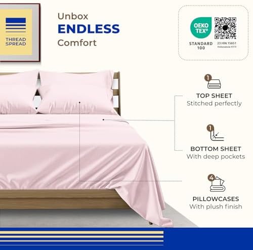 THREAD SPREAD California King Bed Sheets, Luxury 1000 Series Paradise Collection 100% Egyptian Cotton Cal King Sheets Set (6 PC, Blush), Soft, Cooling, Sateen, 16" Deep Pocket Hotel Sheet Set