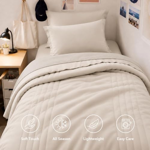 Twin XL Comforter Set-5 Pieces Beige Soft Bed in a Bag Twin Bedding Sets
