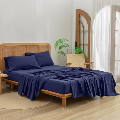 BESTOUCH Sheet Set 100% Washed Cotton Linen Feel Super Soft Comfortable Chic Lightweight 4 Pcs Home Bedding Set Solid Navy Blue Queen