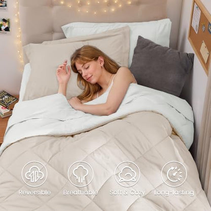 MUXHOMO 5 Pieces Twin XL Comforter Set, Reversible Bed in a Bag Twin XL Size, All Season Bedding Set with Comforter, Flat Sheet, Fitted Sheet, Pillowcases & Shams, Beige & White