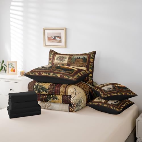 Erosebridal Hunting Theme 7 Piece Bedding Set King Size,Deer Cabin Lodge Bed in a Bag,Retro Patchwork Bed Set Includes Comforter, Sheet Set, Pillowcases & Pillow Covers All Season Bedroom Decor