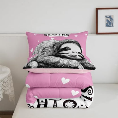 Homewish Cute Sloth Comforter Set,Wild Animals Bedding Set for Kids Girls Women,Adults Pink and Black Comforter,Sloth Pattern Quilted Duvet Set Bedroom Collection Twin Size 2Pcs