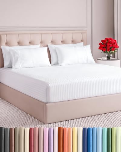 Split King 7 Piece Bed Sheet Set - Breathable & Cooling - Striped White