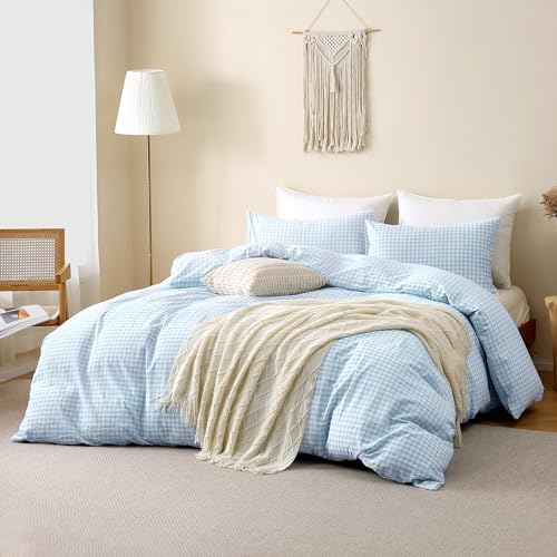 TOCOMOA Gingham Duvet Cover Set 100% Washed Cotton Like Linen, Queen