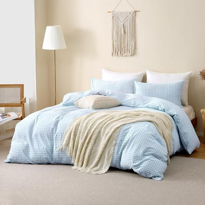 TOCOMOA Gingham Duvet Cover Set 100% Washed Cotton Like Linen, Queen