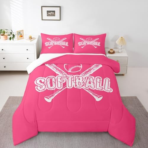 Homewish Softball Full Size Comforter Set,Sports Gaming Bedding Set for Adults Teens,Children Sport Softball Comforter Luxury Pink White Quilt Set Room Decor 3Pcs