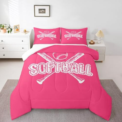 Homewish Softball Full Size Comforter Set,Sports Gaming Bedding Set for Adults Teens,Children Sport Softball Comforter Luxury Pink White Quilt Set Room Decor 3Pcs