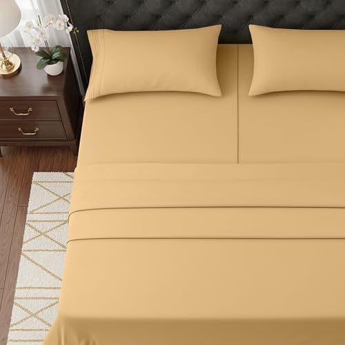 Elegant Comfort Luxurious 1500 Premium Hotel Quality Microfiber Three Line Embroidered Softest 5-Piece Bed Sheet Set, Wrinkle and Fade Resistant, Split King, Gold