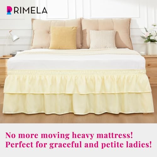 RIMELA Ruffle Bed Skirt Butter Yellow King 18 Inch Drop, Elastic Wrap Around Bed Skirts King Size, Easy to Install Dust Ruffle, Machine Washable Soft Fabric, Multi Ruffle Bedskirt