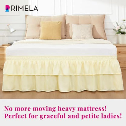 RIMELA Ruffle Bed Skirt Butter Yellow Queen 18 Inch Drop, Elastic Wrap Around Bed Skirting Queen Size, Easy to Install Dust Ruffle, Machine Washable Soft Fabric, Multi Ruffle Bedskirt
