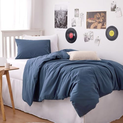 Wake In Cloud - Cotton Duvet Cover Set, 100% Washed Cotton, Linen Like Textured, Breathable Durable Comfy Farmhouse Neutral Bedding Set, 3 Pieces, Dark Blue, Twin/Twin XL Size