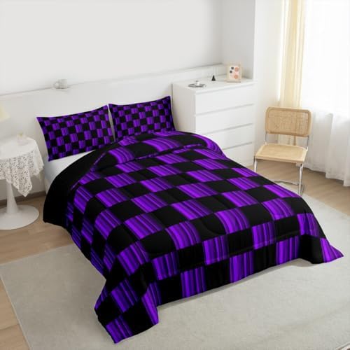 Feelyou Checkered Bedding Set for Boys Girls Abstract Ombre Comforter Set Toddler Size Modern Geometric Purple Black Duvet Quilt Cute Neutral Aesthetic Plaid Bedroom Decor 2 Pcs with 1 Pillow Cases