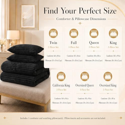 CozyLux Fleece Oversized Queen Comforter Sets, 3 Piece Warm Black Bedding