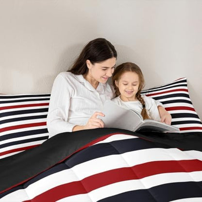 Homewish Stripe Art Comforter Set King Size,Red Black White Bedding Sets 3Pcs for Kids Girls Boys Women Room Decor,Modern Simple Quilted Duvet Abstract Art Down Comforter,2 Pillowcases