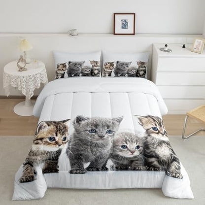 Feelyou Little Cat Bedding Set Lovely Pet Cats Comforter Cat Lover's Animal Themed Design Comforter Set for Boys Girls Kids Room Decor Cute Kitten Print Duvet Set Full Size with 2 Pillow Case